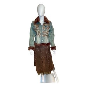 HAZEL Denim Floral Sequin Jacket with Removable Fur Collar & Leather Long Skirt